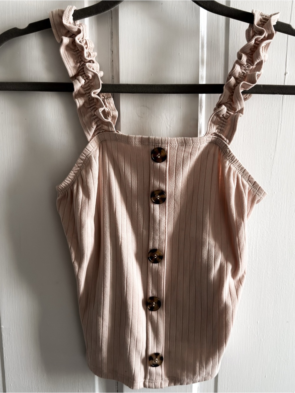 No Boundaries Blush Ruffle-Striped Button-Front Camisole